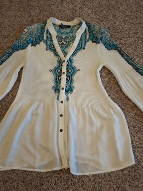 White Tunic Blouse with Teal Embroidered Detail